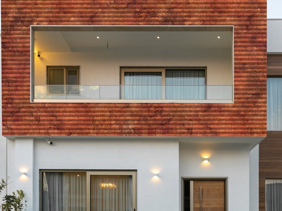 Aluminium cladding in a rust finish on a house facade