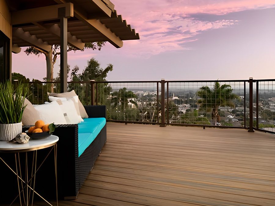 Round hollow decking on a terrace at sunset