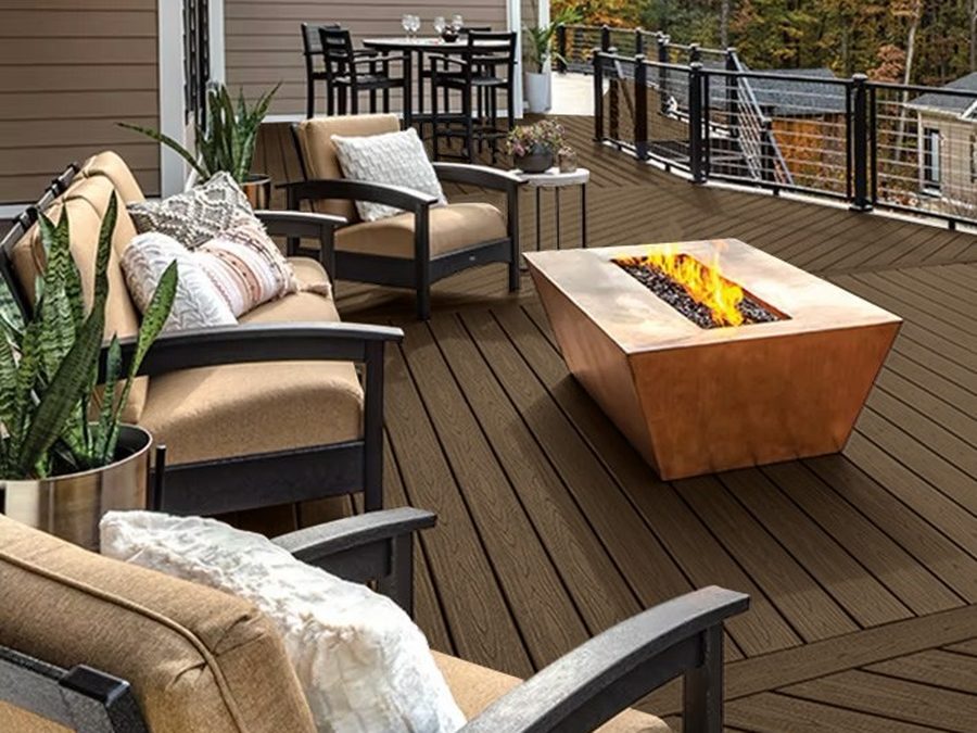 Round hollow decking on a terrace with a fire pit