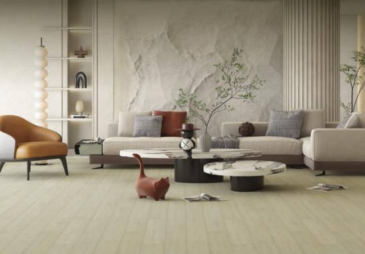 Elegance Walnut — living room with marble accent wall