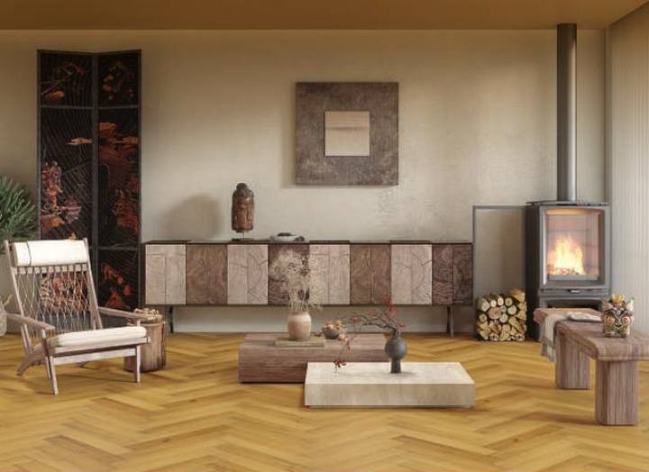 Livanti Hybrid Laminate — living room with herringbone floor and fireplace