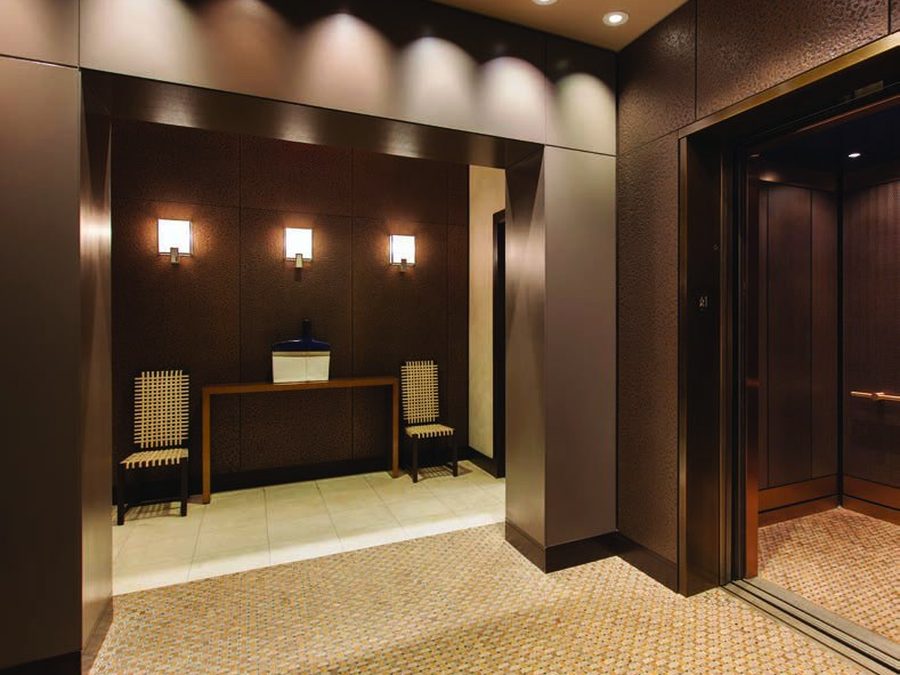 Bonded metal panels in a hotel lobby