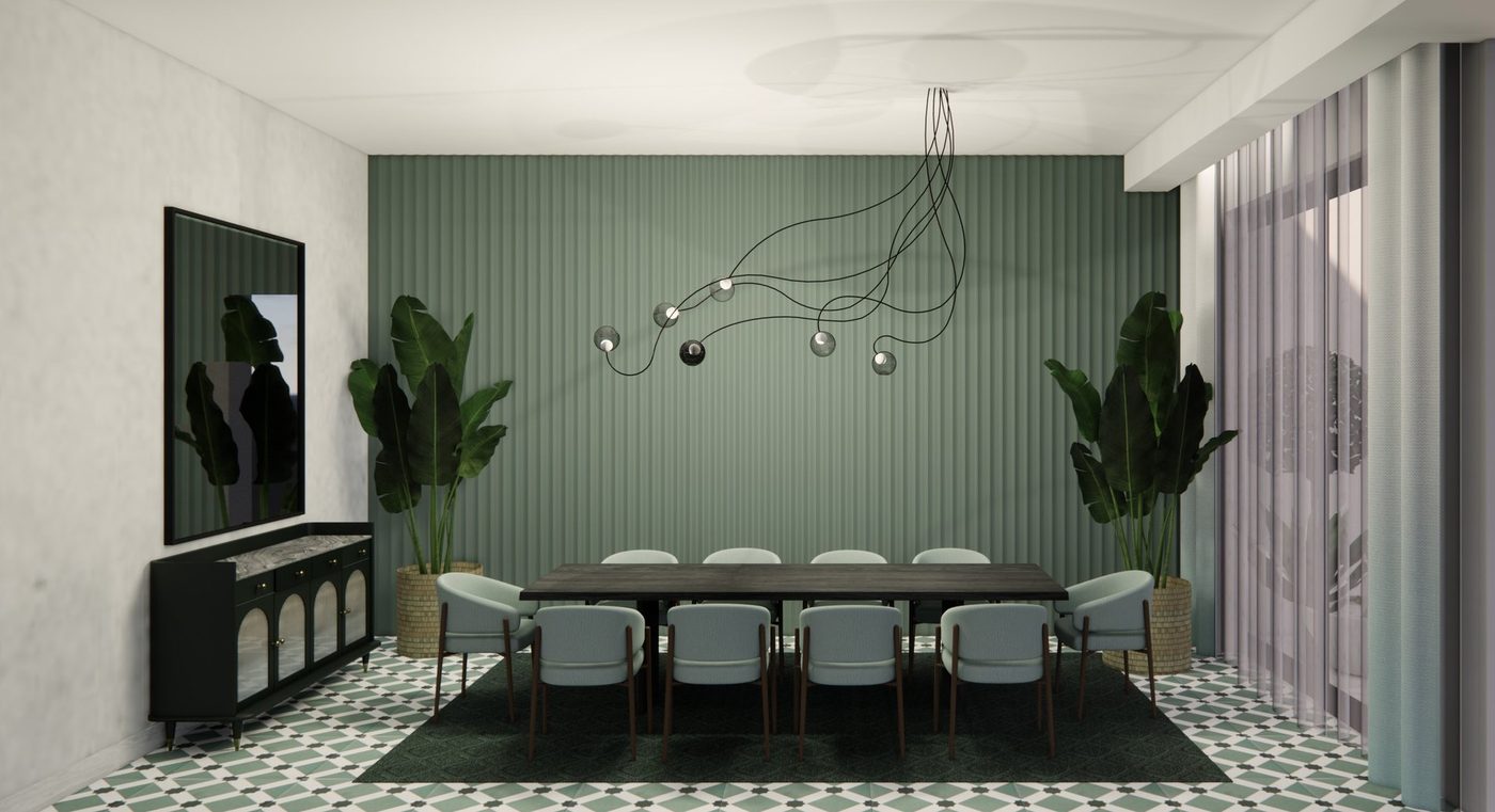Dining room feature wall in sage-green HDHMR fluted panelling