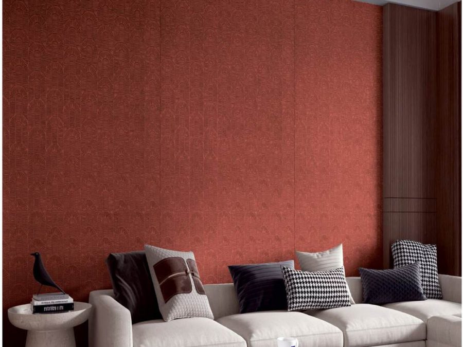 Flexible clay cladding on a living room feature wall
