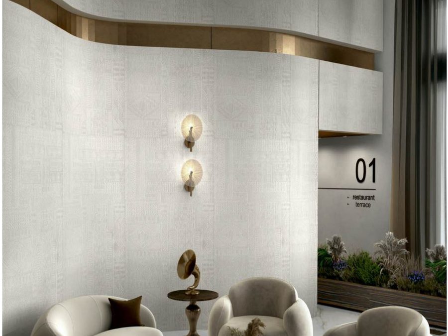 Flexible clay cladding in a hotel lounge