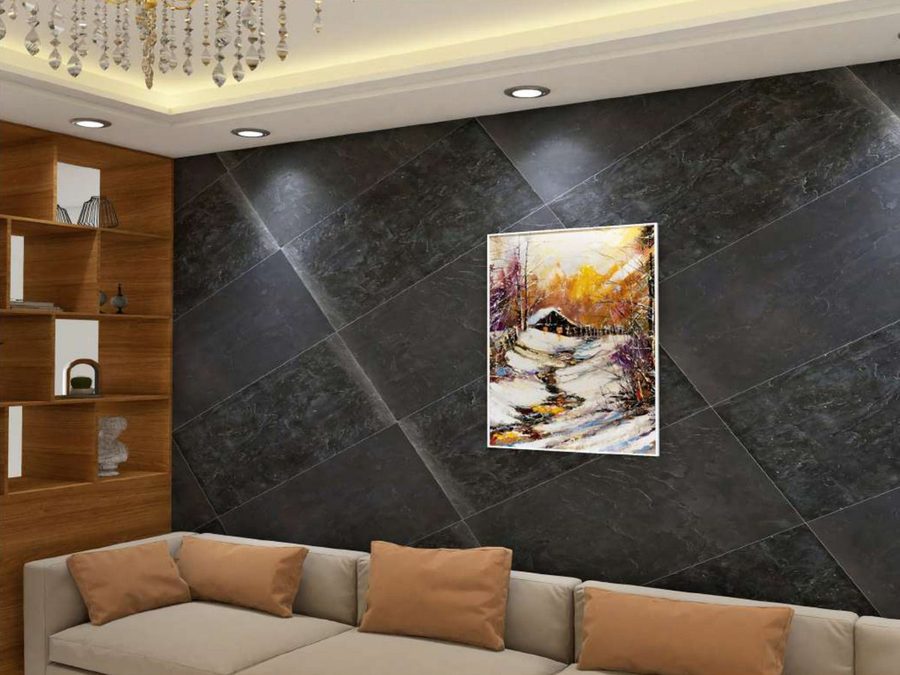 Stone veneer on a dark feature wall