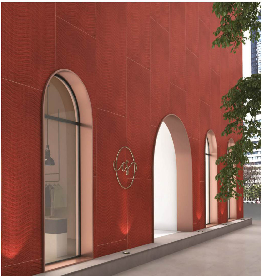 Close-up detail of flexible clay cladding texture on a curved wall