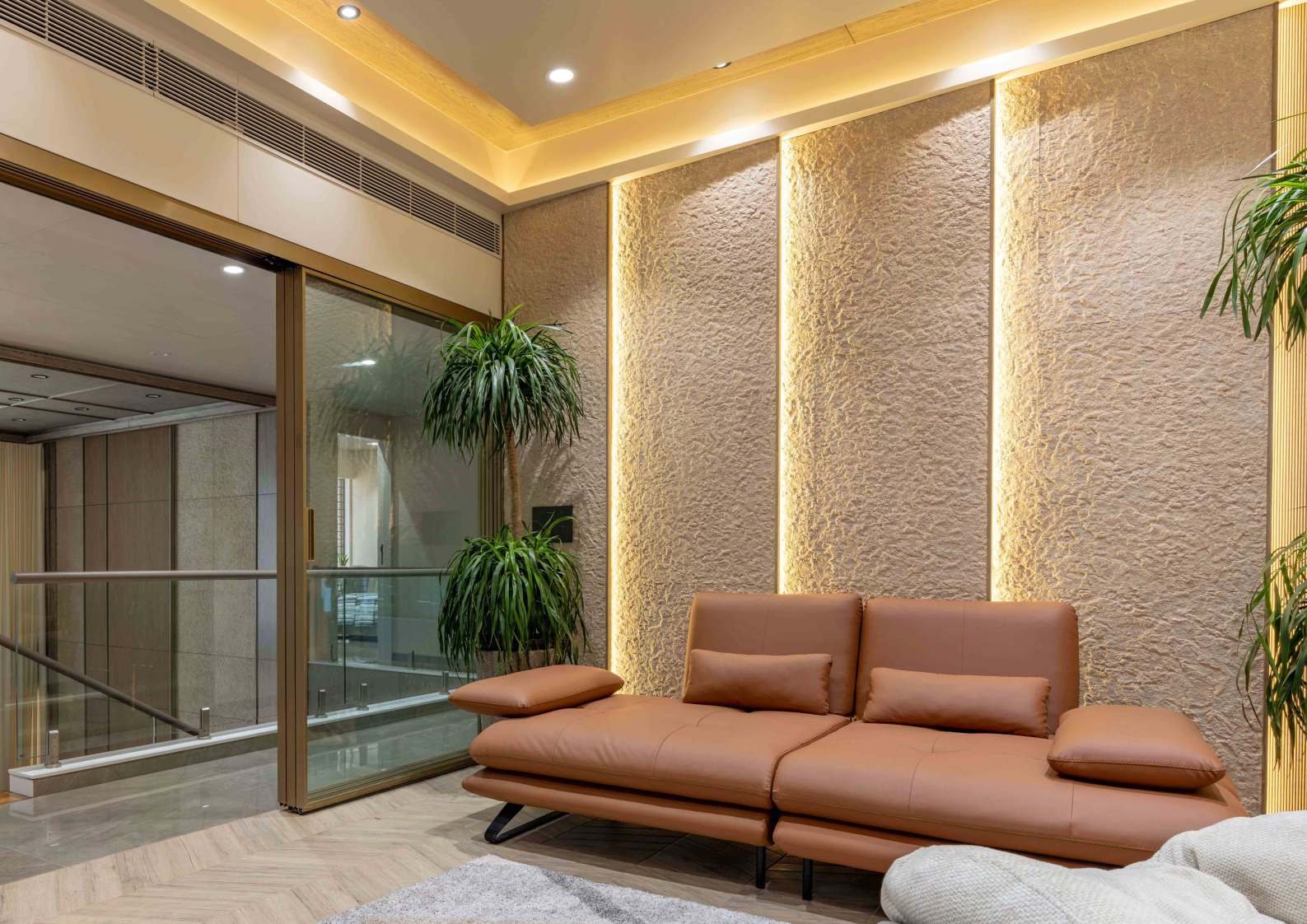 Flexi Clay panels installed on a lit feature wall