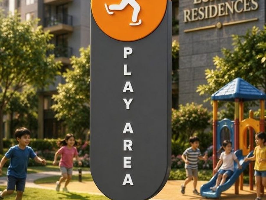 Landmark signage pylon marking a play area