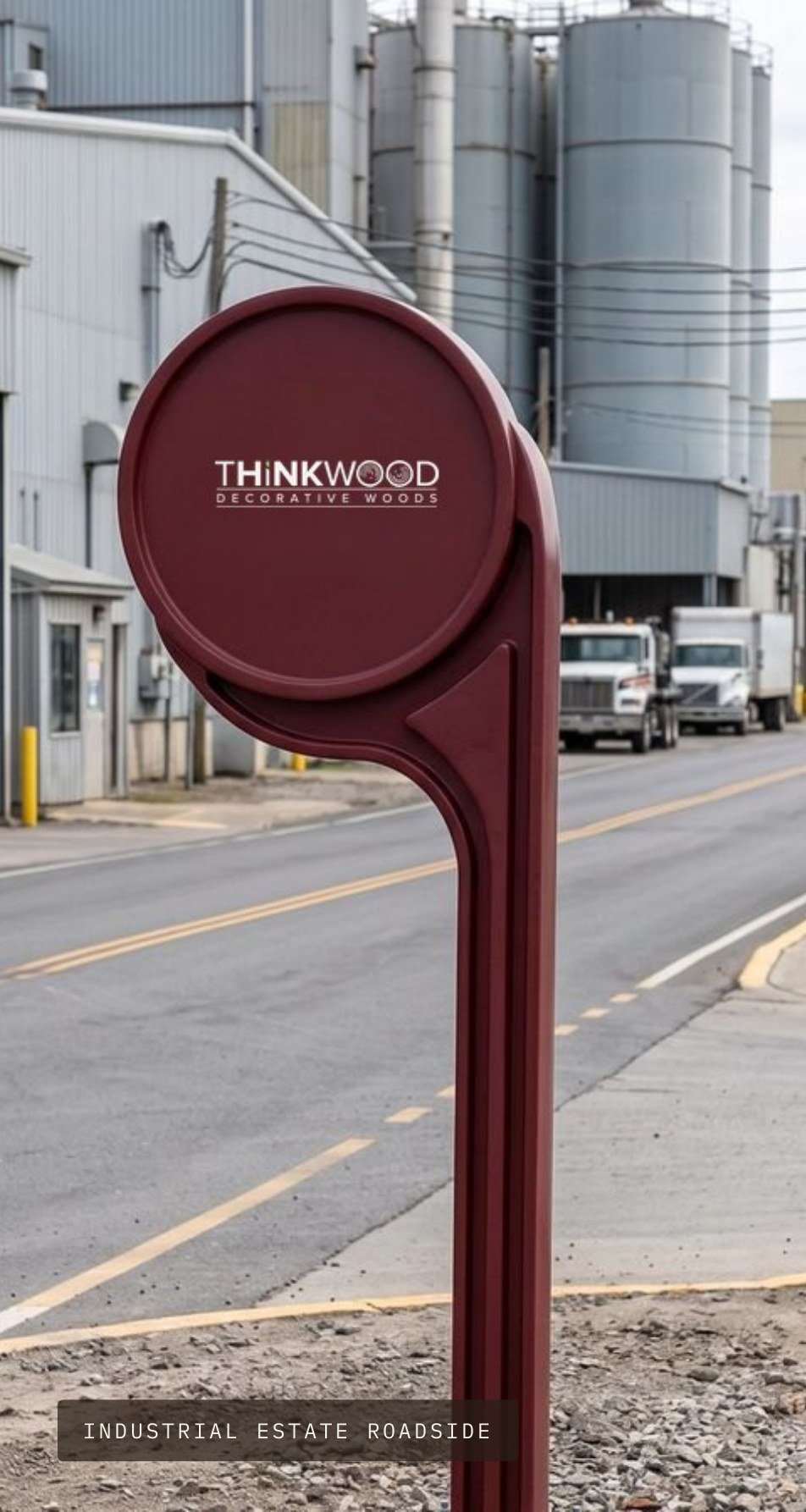 Thinkwood-branded FRP pylon signage on an industrial estate roadside