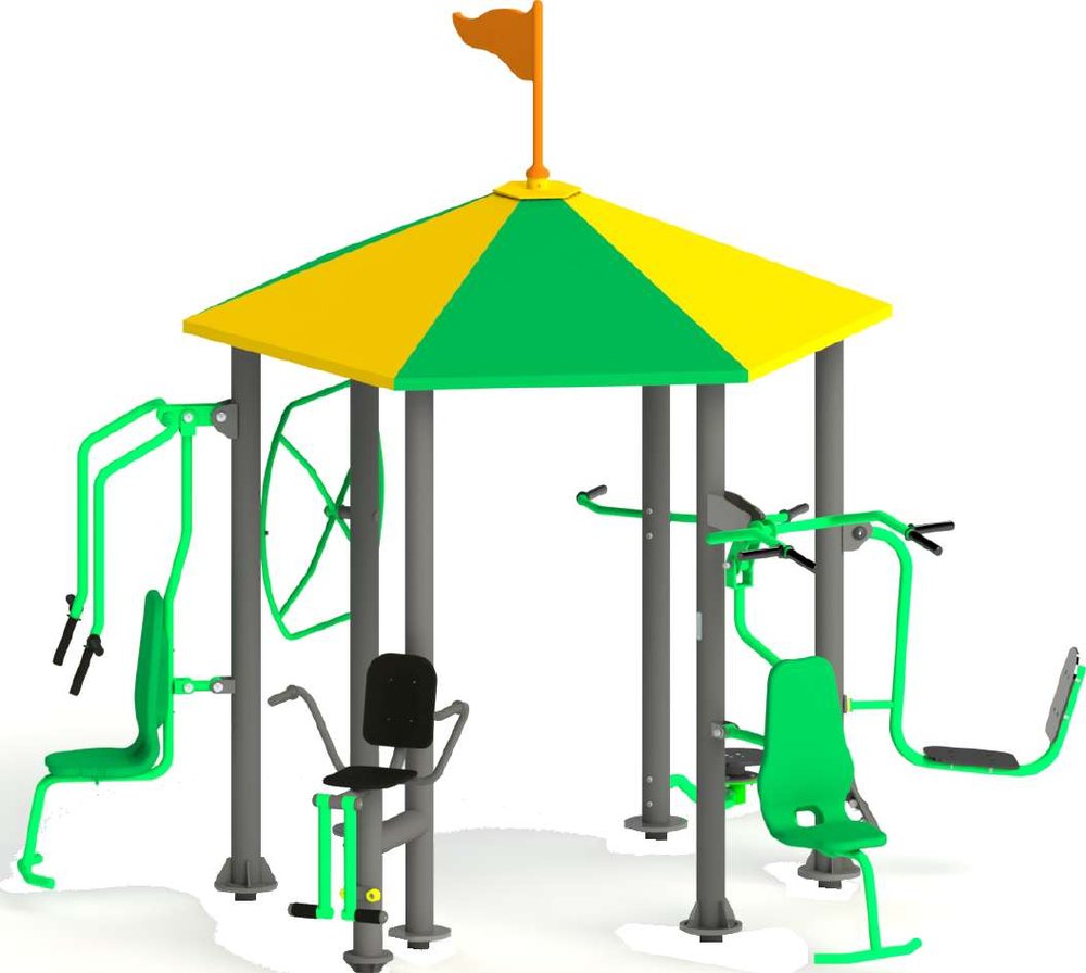 Canopied outdoor multi-station gym unit with body-weight stations