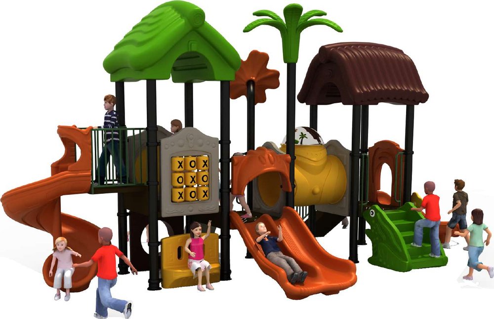 Multi-activity playground structure with slides, towers and climbers