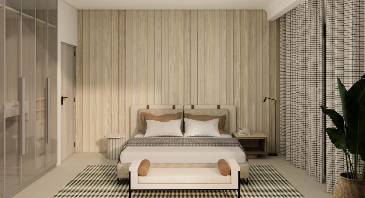 Bedroom with an HDHMR panelled headboard wall