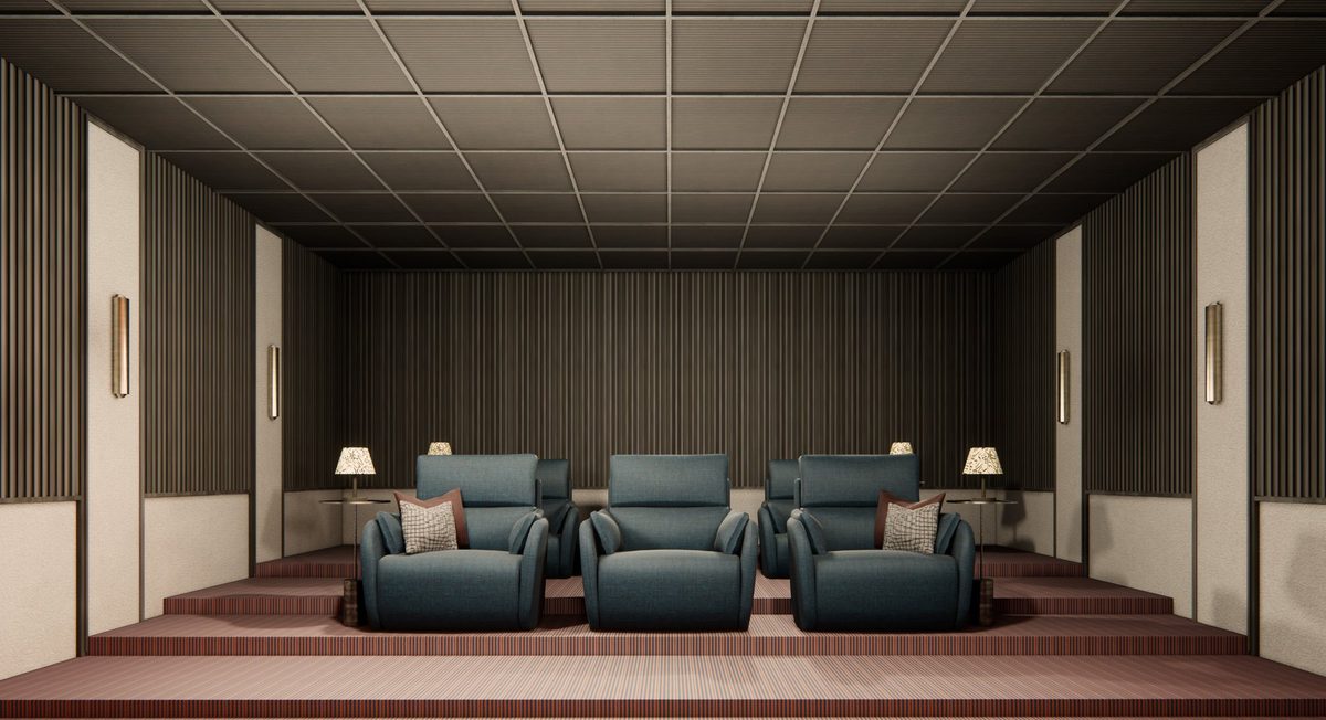 Home theatre with fluted HDHMR panelling